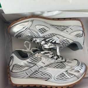 Bottega Veneta Silver and White Mesh Trail Sneakers